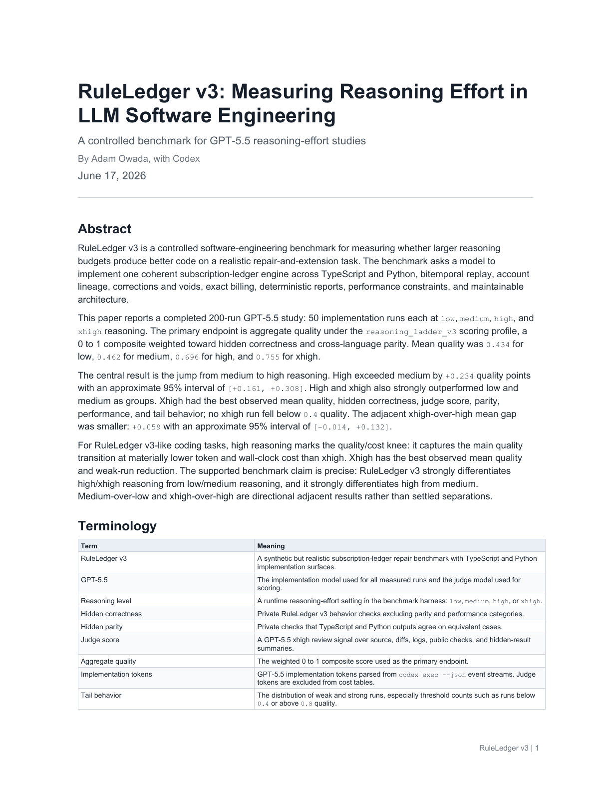 First page thumbnail of the RuleLedger v3 white paper.