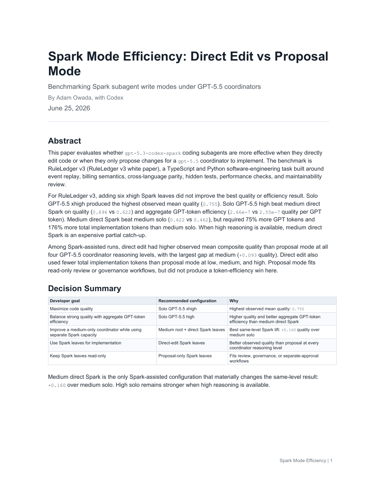 First page thumbnail of the Spark Mode Efficiency white paper.